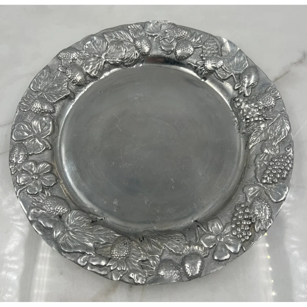 VTG Serving Platter Embossed Strawberries Floral Pewter Style Metal Charger 11.5